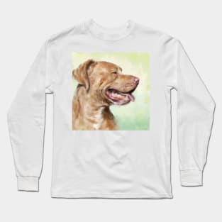 Oil Painting of a Beautiful Red Nose Pit Bull Smiling on a Green Background Long Sleeve T-Shirt